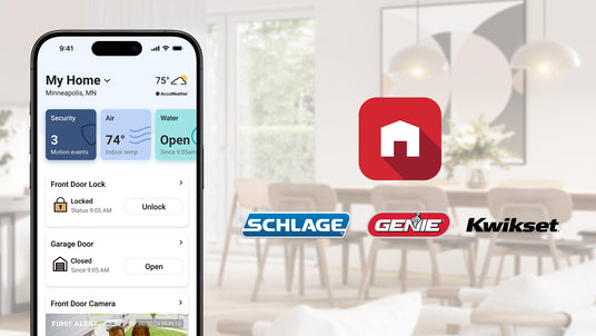 Living room in background with app screen and door lock brand logos.